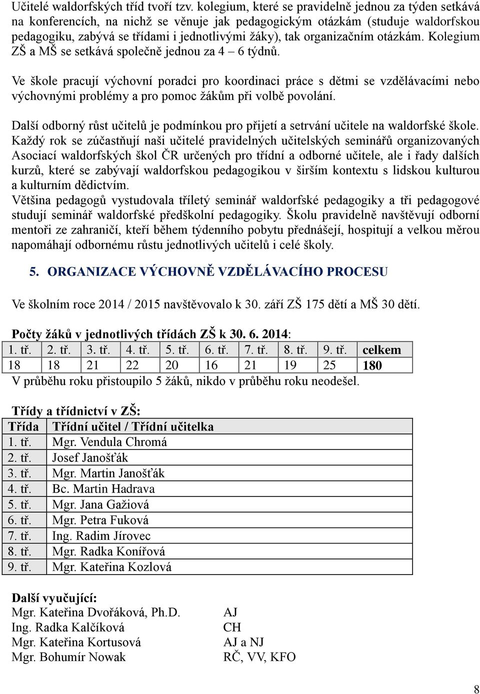 organizačním otázkám. Kolegium ZŠ a MŠ se setkává společně jednou za 4 6 týdnů.