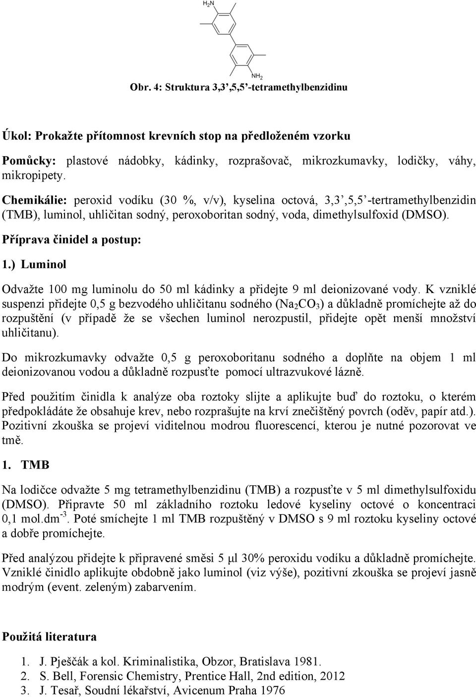 Příprava činidel a postup: 1.) Luminol Odvažte 100 mg luminolu do 50 ml kádinky a přidejte 9 ml deionizované vody.