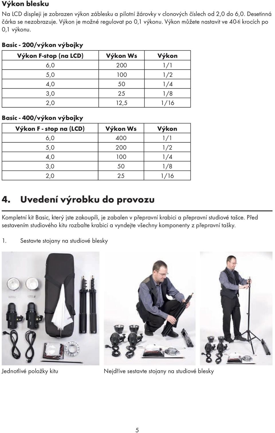 Basic - 200/výkon výbojky Výkon F-stop (na LCD) Výkon Ws Výkon 6,0 200 1/1 5,0 100 1/2 4,0 50 1/4 3,0 25 1/8 2,0 12,5 1/16 Basic - 400/výkon výbojky Výkon F - stop na (LCD) Výkon Ws Výkon 6,0 400 1/1