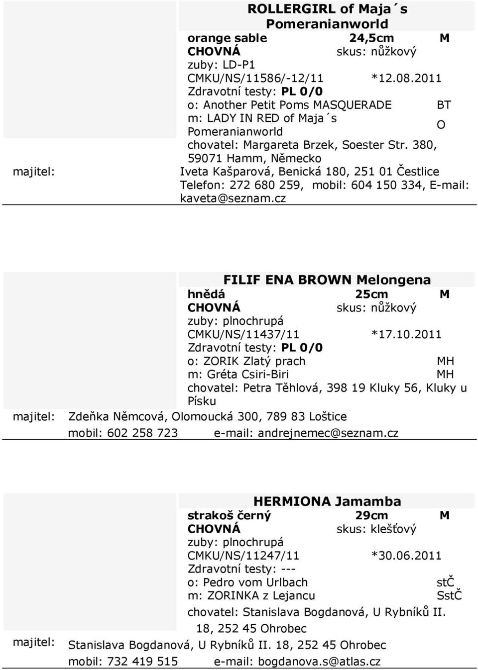 380, 59071 Hamm, Německo Iveta Kašparová, Benická 180, 25101 Čestlice Telefon: 272680 259, mobil: 604150334, E-mail: kaveta@seznam.