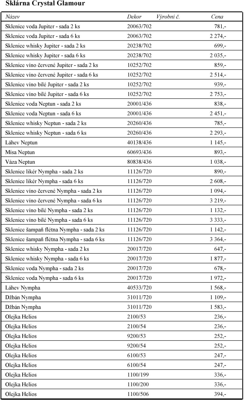 20238/702 2 035,- Sklenice víno červené Jupiter - sada 2 ks 10252/702 859,- Sklenice víno červené Jupiter - sada 6 ks 10252/702 2 514,- Sklenice víno bílé Jupiter - sada 2 ks 10252/702 939,- Sklenice