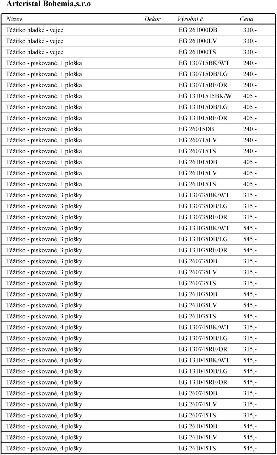 1 ploška EG 130715DB/LG 240,- Těžítko - pískované, 1 ploška EG 130715RE/OR 240,- Těžítko - pískované, 1 ploška EG 13101515BK/W 405,- Těžítko - pískované, 1 ploška EG 131015DB/LG 405,- Těžítko -