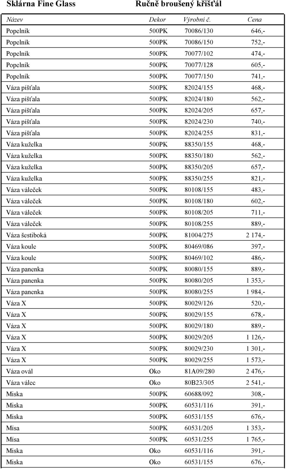 píšťala 500PK 82024/180 562,- Váza píšťala 500PK 82024/205 657,- Váza píšťala 500PK 82024/230 740,- Váza píšťala 500PK 82024/255 831,- Váza kuželka 500PK 88350/155 468,- Váza kuželka 500PK 88350/180