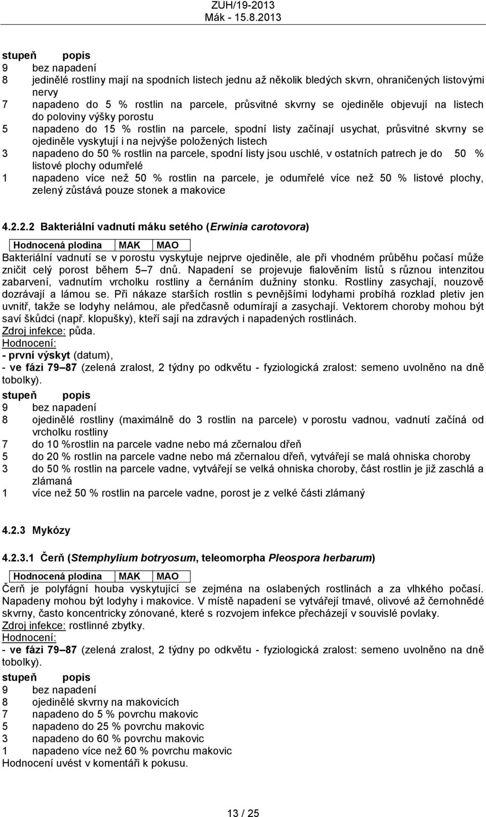 rostlin na parcele, spodní listy jsou uschlé, v ostatních patrech je do 50 % listové plochy odumřelé 1 napadeno více neţ 50 % rostlin na parcele, je odumřelé více neţ 50 % listové plochy, zelený