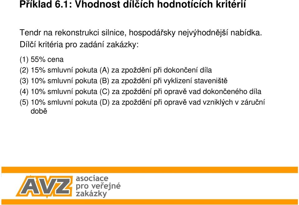 Dílčí kritéria pro zadání zakázky: (1) 55% cena (2) 15% smluvní pokuta (A) za zpoždění při dokončení díla