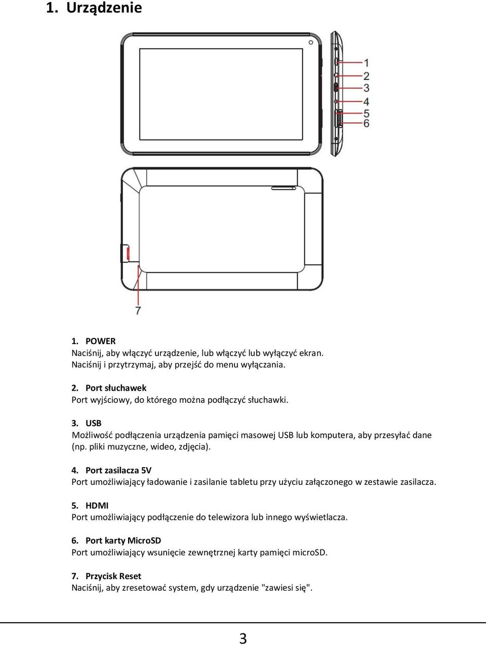 pliki muzyczne, wideo, zdjęcia). 4. Port zasilacza 5V Port umożliwiający ładowanie i zasilanie tabletu przy użyciu załączonego w zestawie zasilacza. 5. HDMI Port umożliwiający podłączenie do telewizora lub innego wyświetlacza.