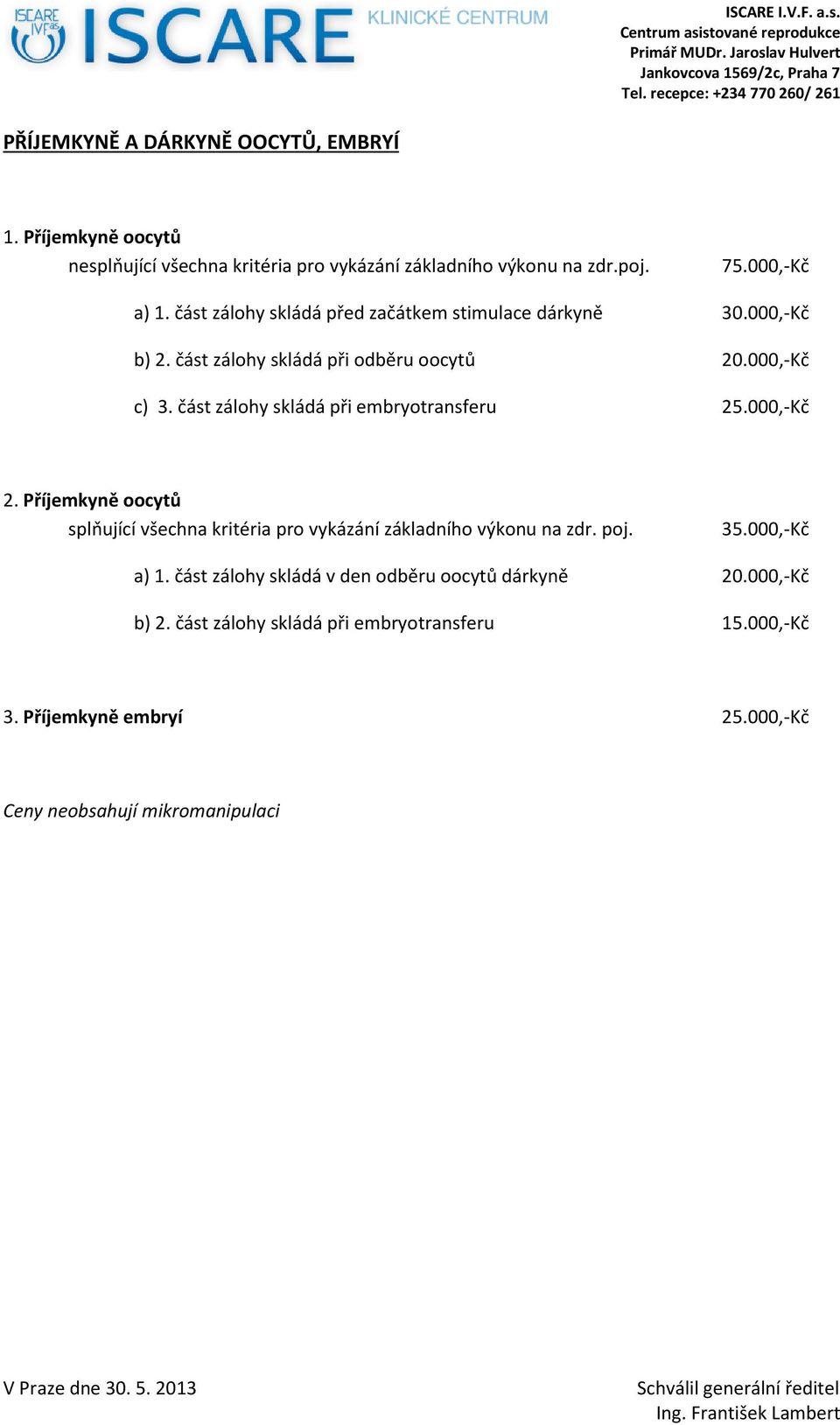 část zálohy skládá při embryotransferu 25.000,-Kč 2. Příjemkyně oocytů splňující všechna kritéria pro vykázání základního výkonu na zdr. poj. 35.