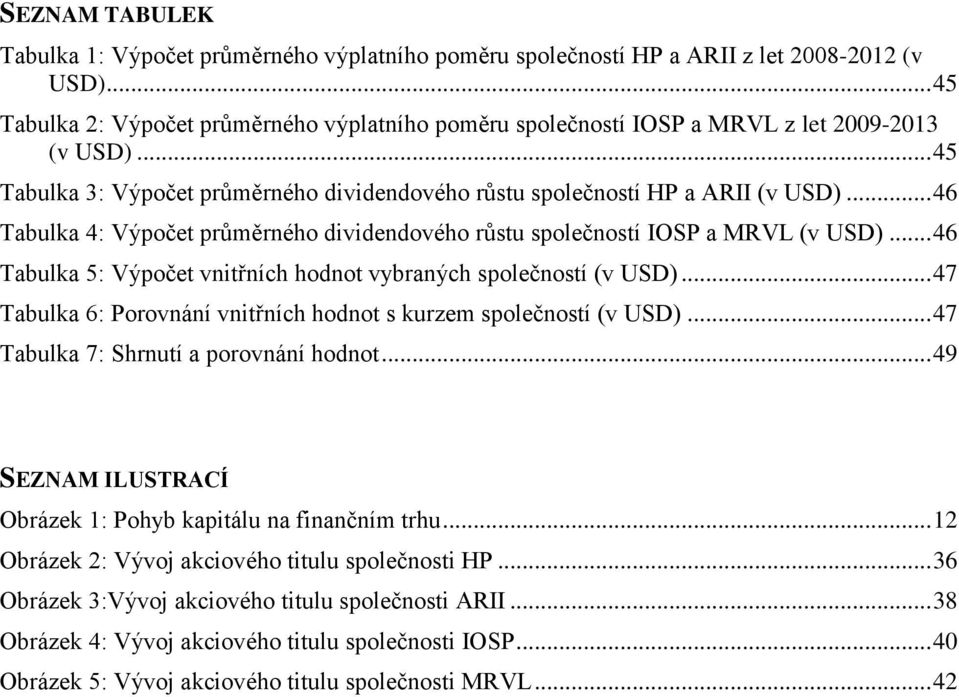 .. 46 Tabulka 4: Výpočet průměrného dividendového růstu společností IOSP a MRVL (v USD)... 46 Tabulka 5: Výpočet vnitřních hodnot vybraných společností (v USD).