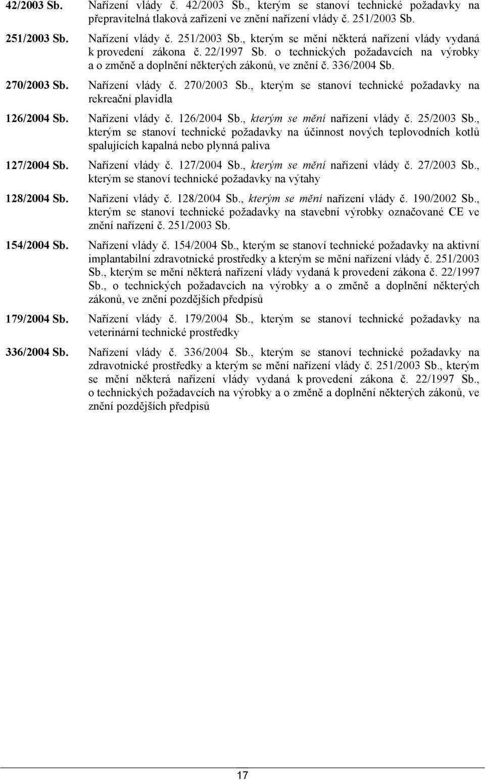 o technických požadavcích na výrobky a o změně a doplnění některých zákonů, ve znění č. 336/2004 Sb. 270/2003 Sb. Nařízení vlády č. 270/2003 Sb., kterým se stanoví technické požadavky na rekreační plavidla 126/2004 Sb.