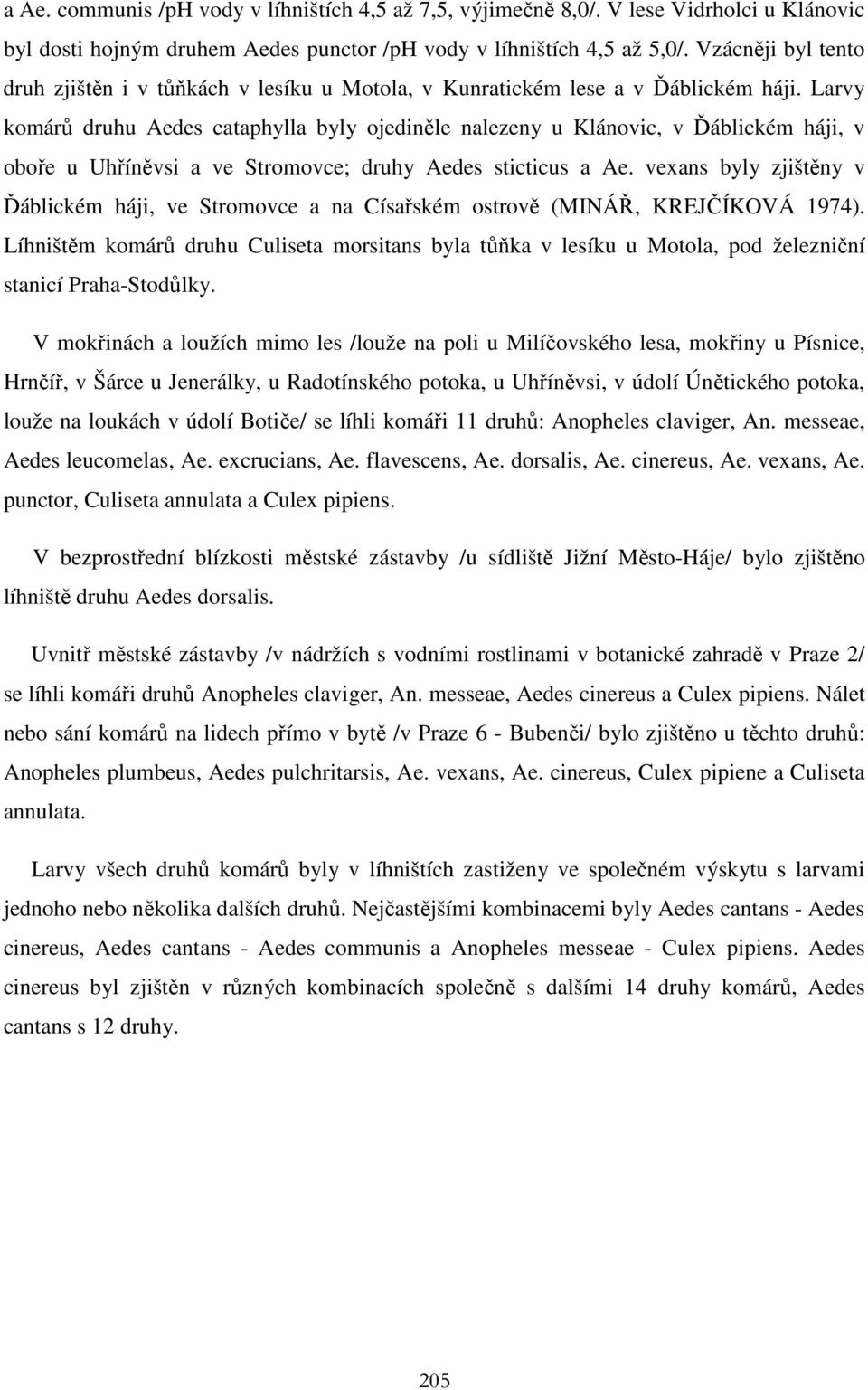 Larvy komárů druhu Aedes cataphylla byly ojediněle nalezeny u Klánovic, v Ďáblickém háji, v oboře u Uhříněvsi a ve Stromovce; druhy Aedes sticticus a Ae.