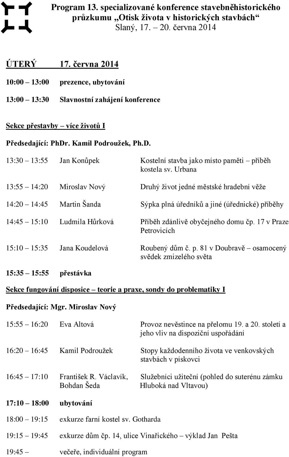 . Kamil Podroužek, Ph.D. 13:30 13:55 Jan Konůpek Kostelní stavba jako místo paměti příběh kostela sv.