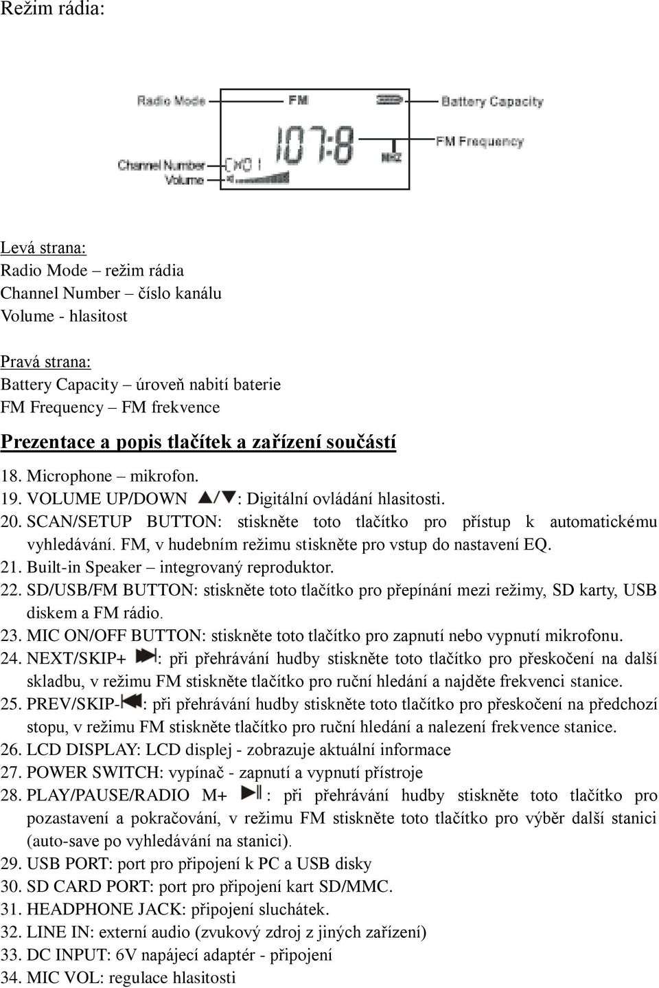 FM, v hudebním režimu stiskněte pro vstup do nastavení EQ. 21. Built-in Speaker integrovaný reproduktor. 22.