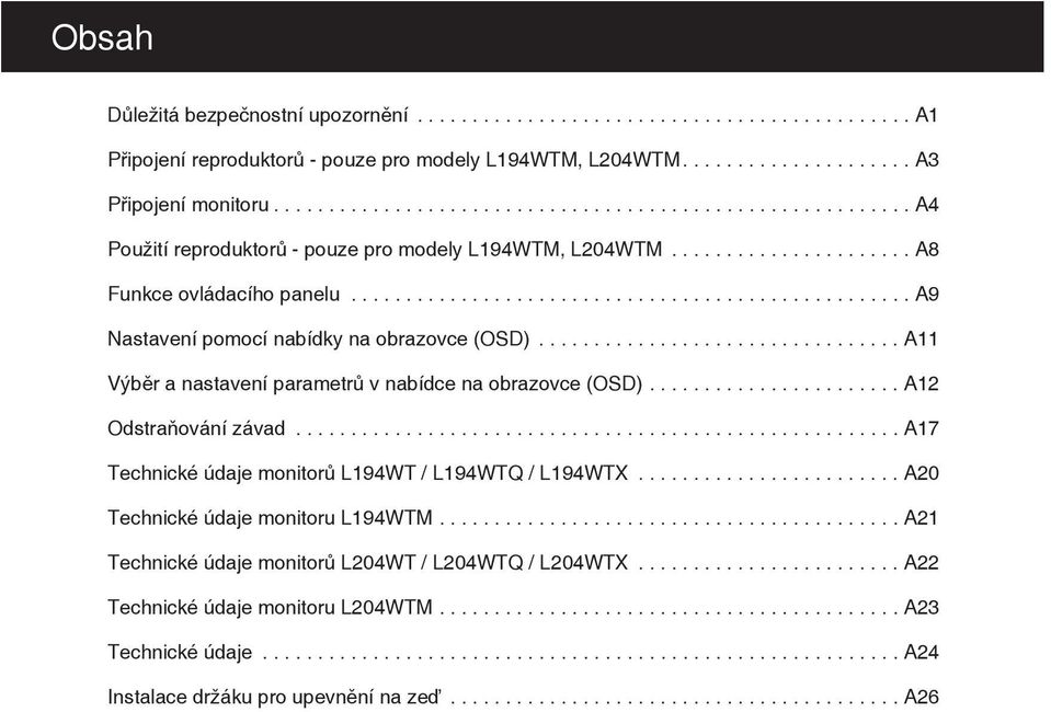.................................................. A9 Nastavení pomocí nabídky na obrazovce (OSD)................................. A11 Výběr a nastavení parametrů v nabídce na obrazovce (OSD).