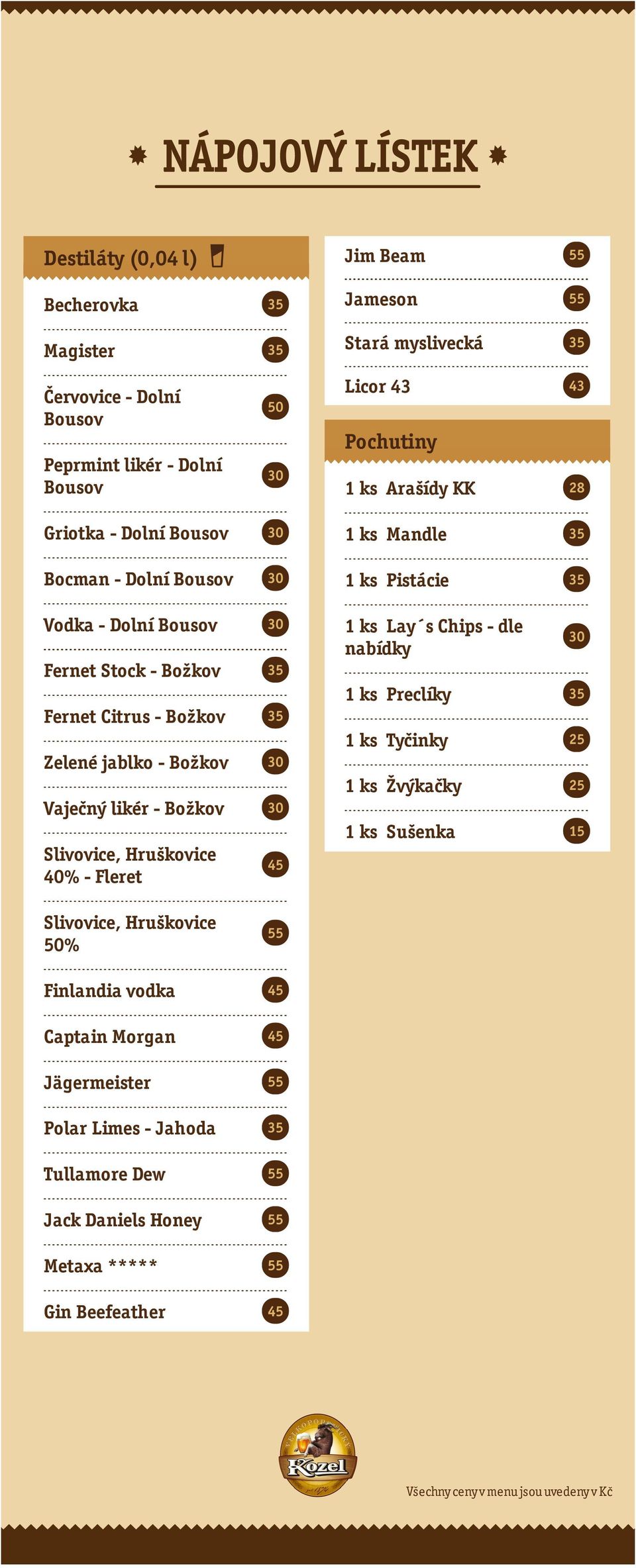 Slivovice, Hruškovice 40% - Fleret 45 1 ks Mandle 1 ks Pistácie 1 ks Lay s Chips - dle 1 ks Preclíky 1 ks Tyčinky 1 ks Žvýkačky 1 ks Sušenka 15 Slivovice, Hruškovice 50% 55