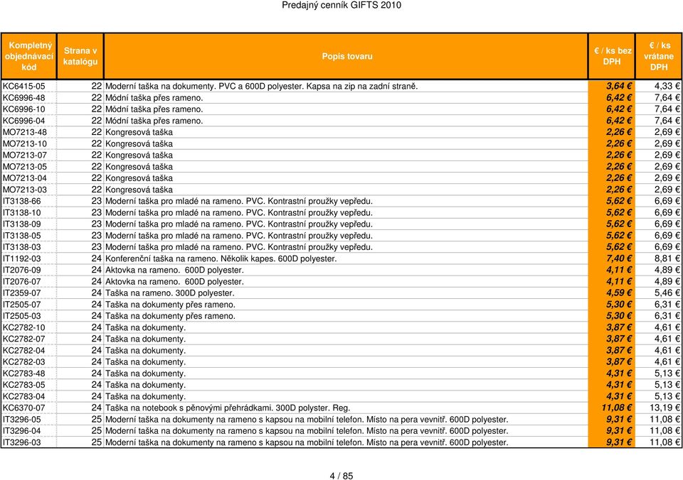 6,42 7,64 MO7213-48 22 Kongresová taška 2,26 2,69 MO7213-10 22 Kongresová taška 2,26 2,69 MO7213-07 22 Kongresová taška 2,26 2,69 MO7213-05 22 Kongresová taška 2,26 2,69 MO7213-04 22 Kongresová taška