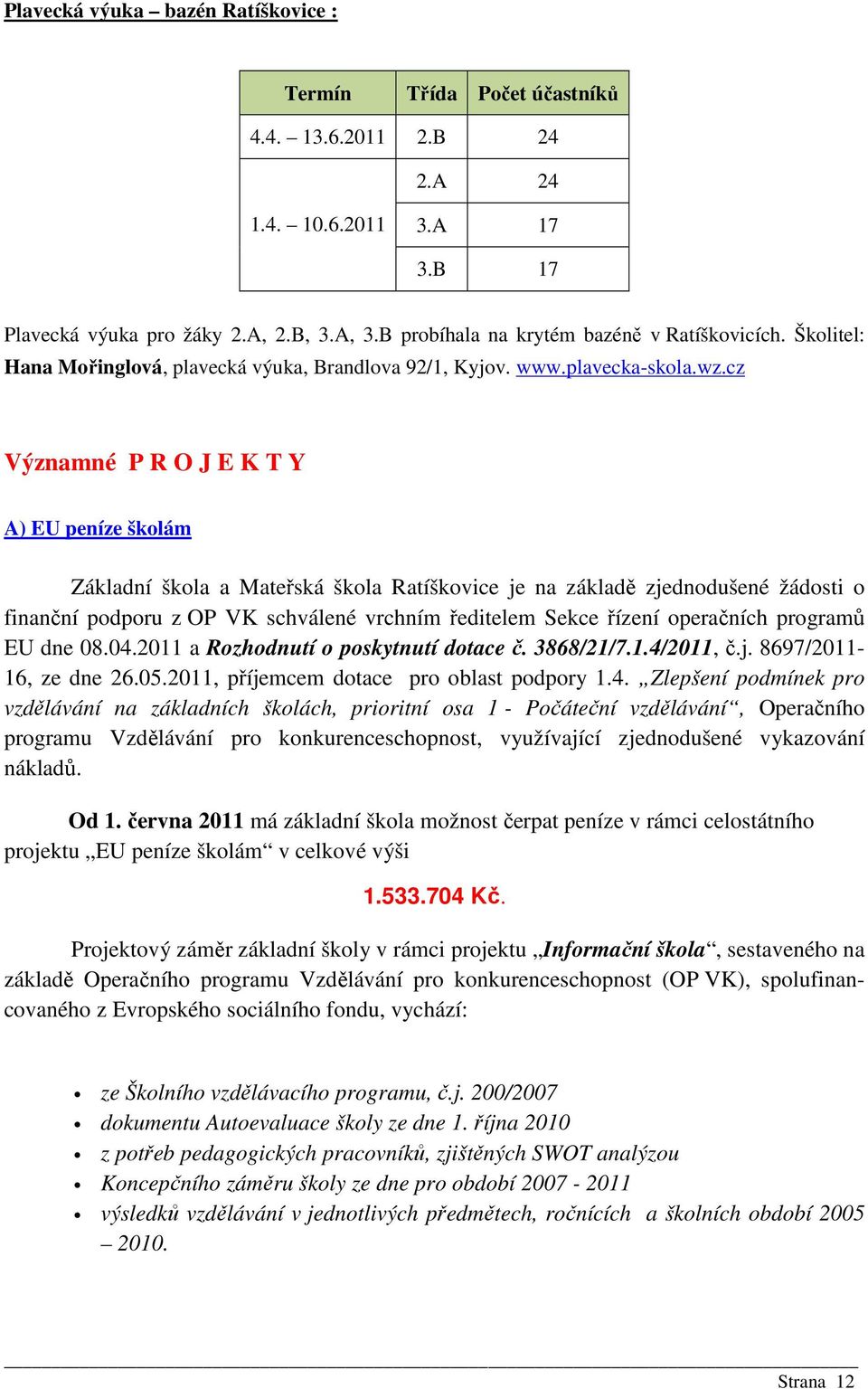 cz Významné P R O J E K T Y A) EU peníze školám Základní škola a Mateřská škola Ratíškovice je na základě zjednodušené žádosti o finanční podporu z OP VK schválené vrchním ředitelem Sekce řízení