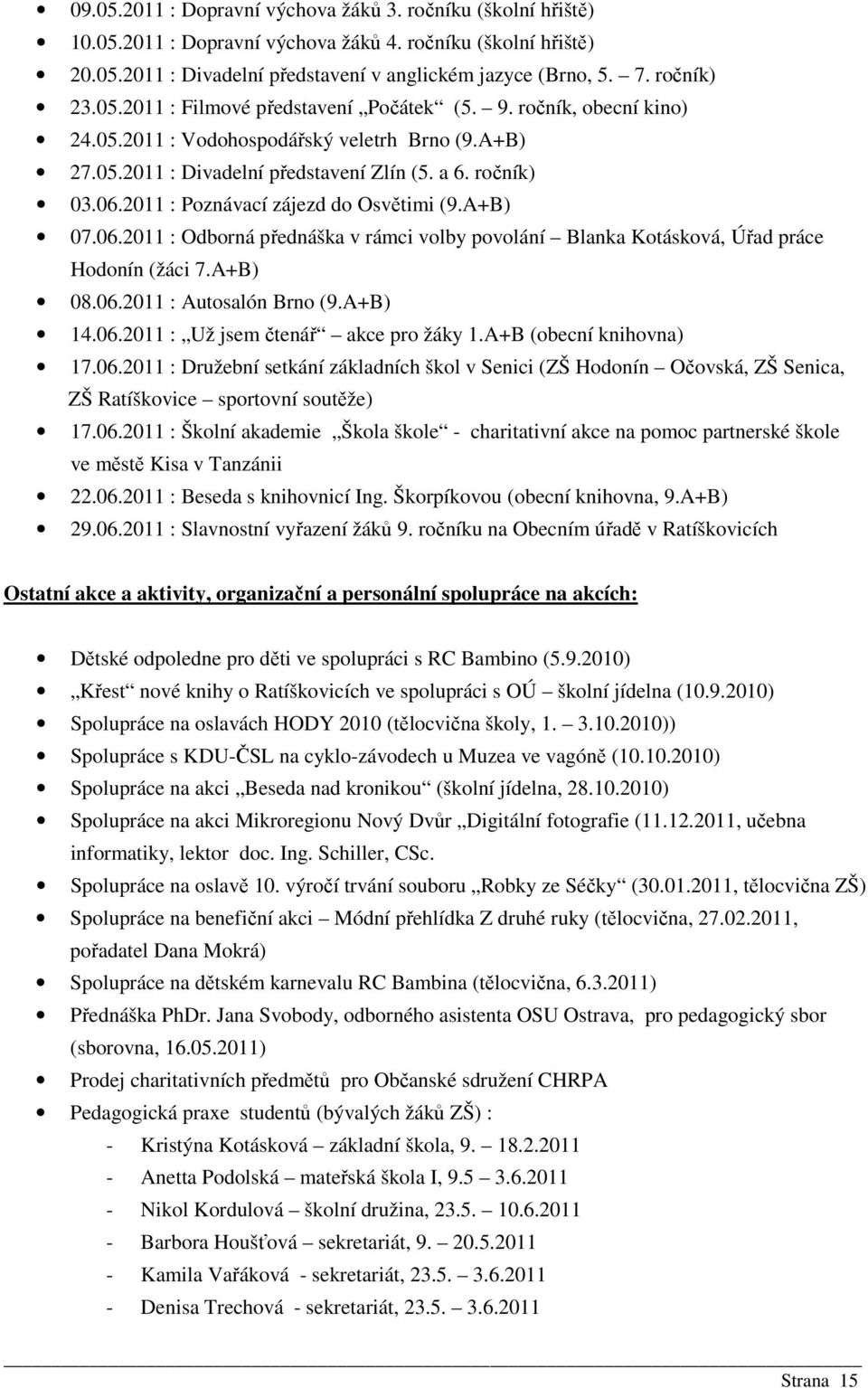 2011 : Poznávací zájezd do Osvětimi (9.A+B) 07.06.2011 : Odborná přednáška v rámci volby povolání Blanka Kotásková, Úřad práce Hodonín (žáci 7.A+B) 08.06.2011 : Autosalón Brno (9.A+B) 14.06.2011 : Už jsem čtenář akce pro žáky 1.