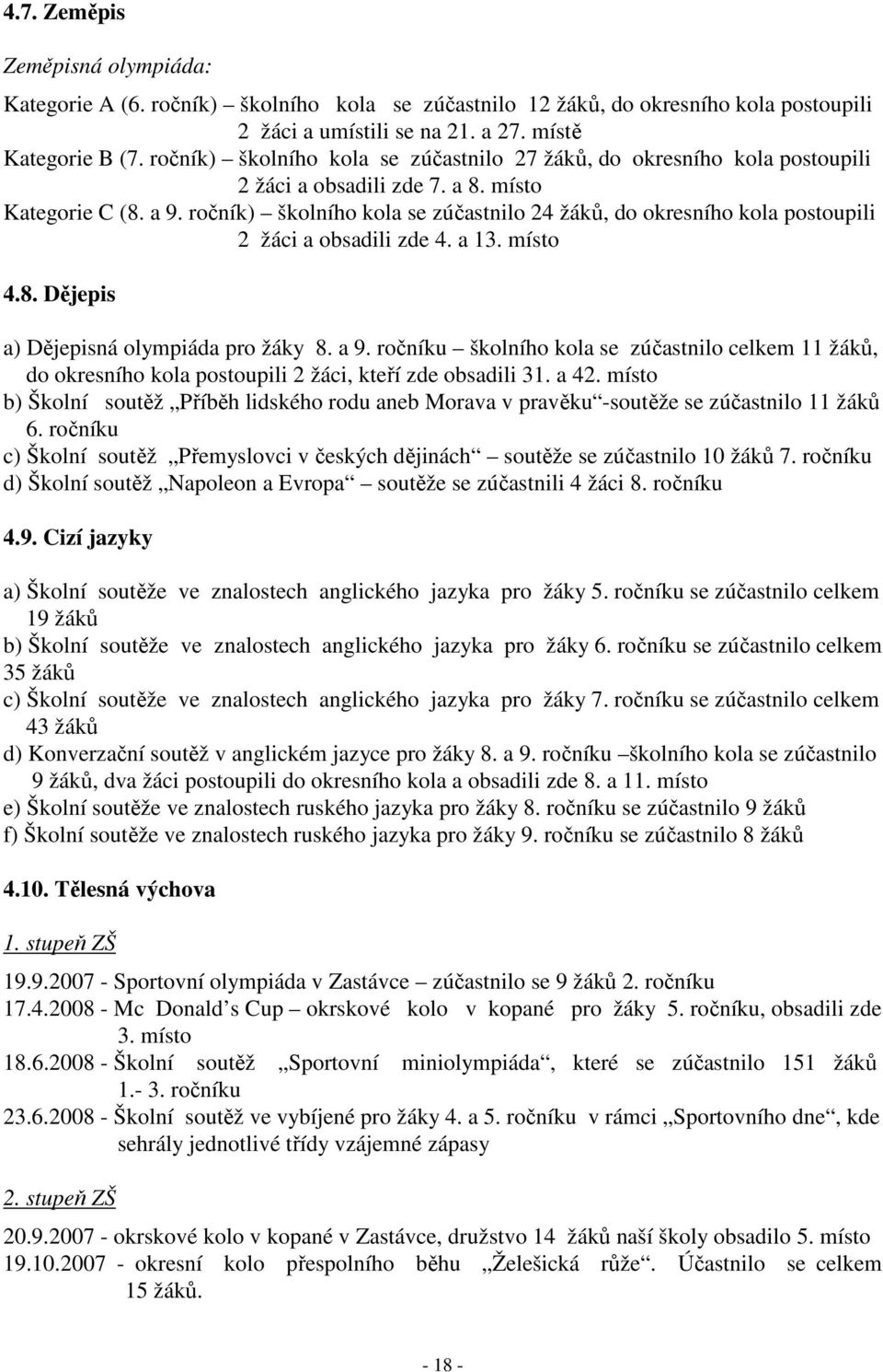 ročník) školního kola se zúčastnilo 24 žáků, do okresního kola postoupili 2 žáci a obsadili zde 4. a 13. místo 4.8. Dějepis a) Dějepisná olympiáda pro žáky 8. a 9.