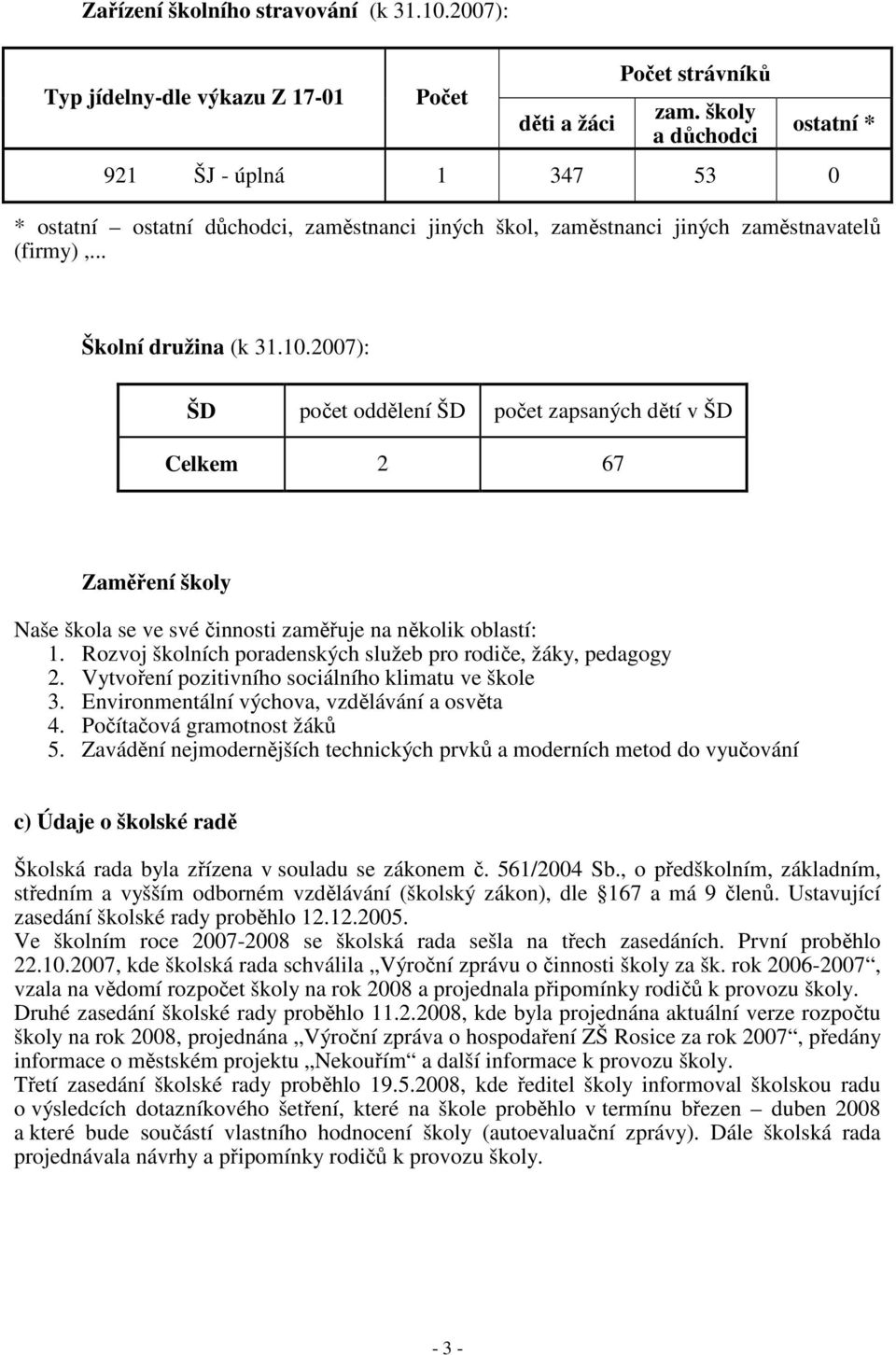 2007): ŠD počet oddělení ŠD počet zapsaných dětí v ŠD Celkem 2 67 Zaměření školy Naše škola se ve své činnosti zaměřuje na několik oblastí: 1.