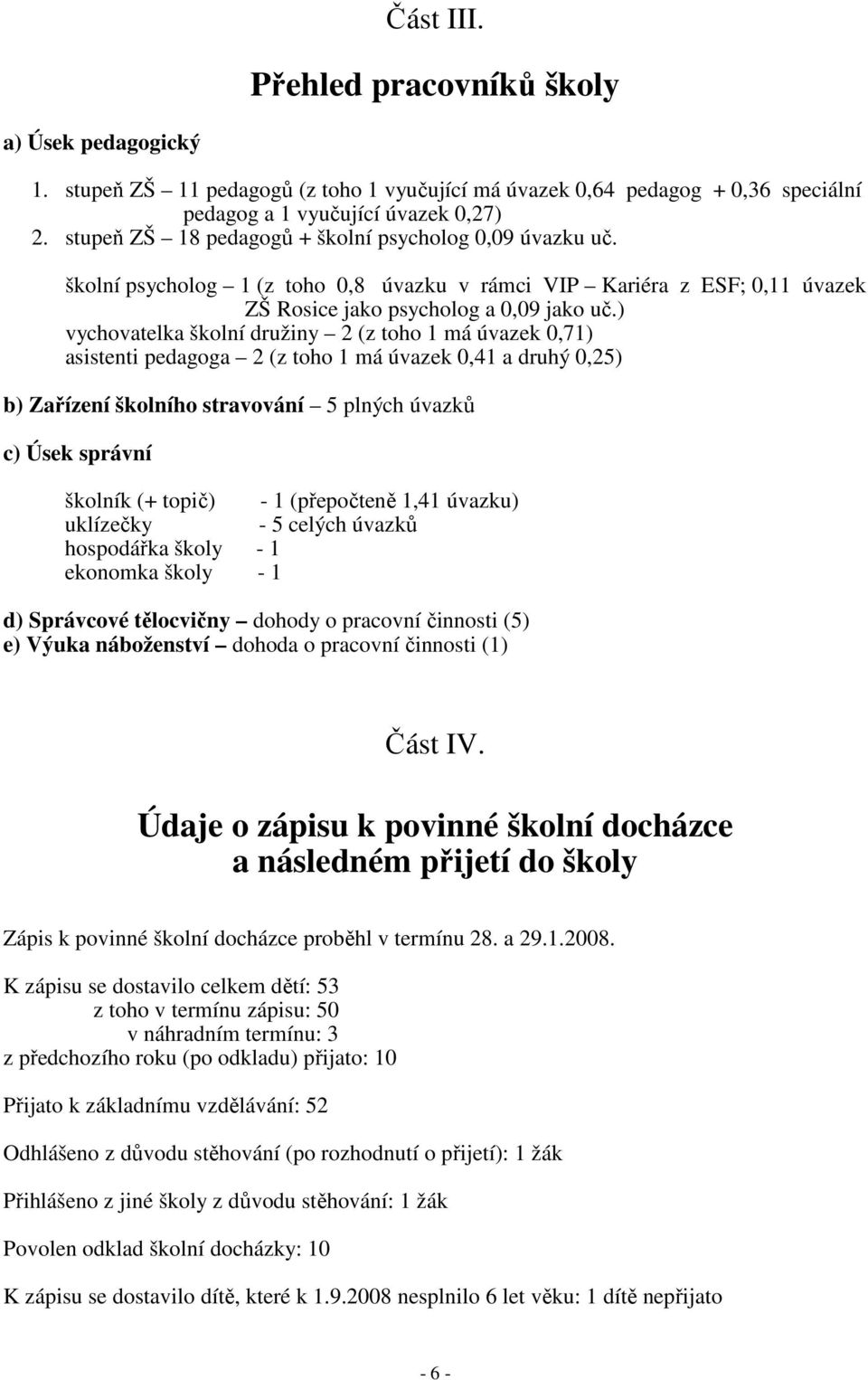 ) vychovatelka školní družiny 2 (z toho 1 má úvazek 0,71) asistenti pedagoga 2 (z toho 1 má úvazek 0,41 a druhý 0,25) b) Zařízení školního stravování 5 plných úvazků c) Úsek správní školník (+ topič)