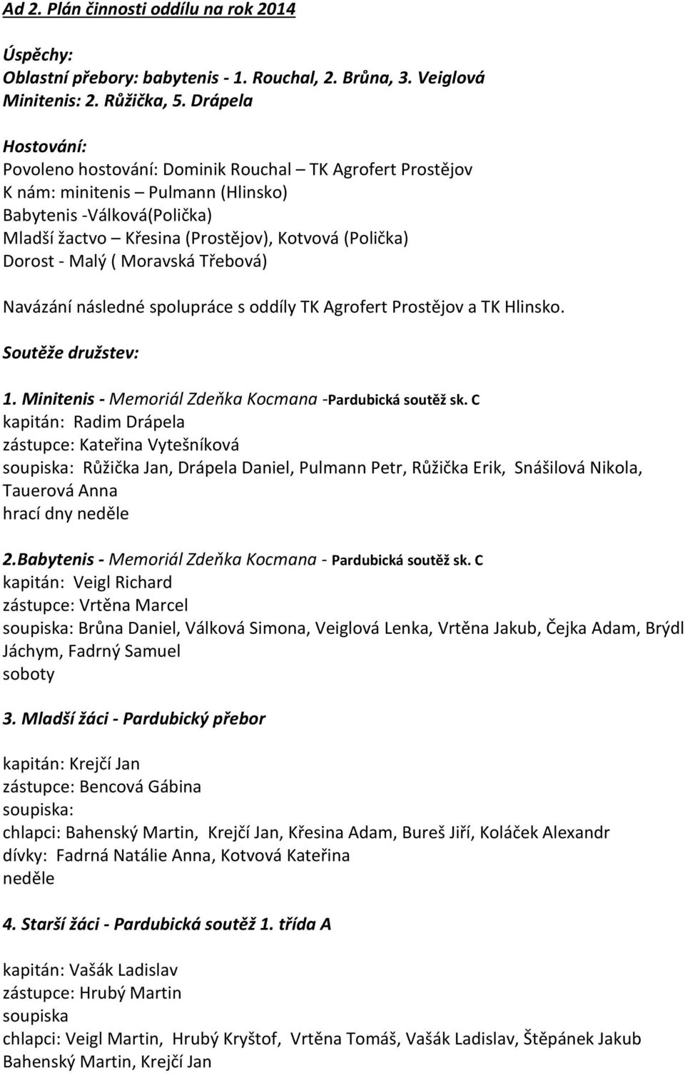 - Malý ( Moravská Třebová) Navázání následné spolupráce s oddíly TK Agrofert Prostějov a TK Hlinsko. Soutěže družstev: 1. Minitenis - Memoriál Zdeňka Kocmana -Pardubická soutěž sk.