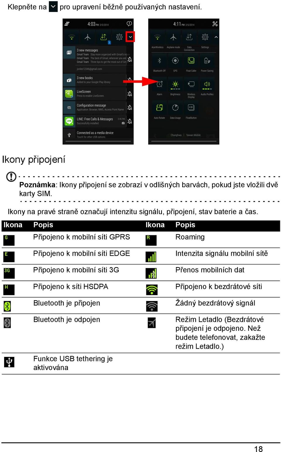 Ikona Popis Ikona Popis Připojeno k mobilní síti GPRS Roaming Připojeno k mobilní síti EDGE Připojeno k mobilní síti 3G Připojeno k síti HSDPA Bluetooth je připojen