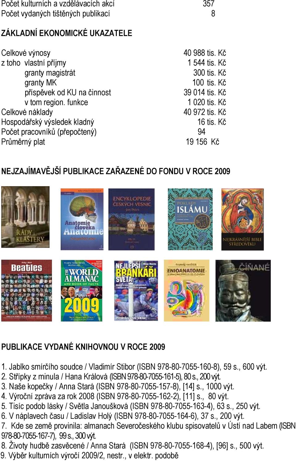 Kč Počet pracovníků (přepočtený) 94 Průměrný plat 19 156 Kč NEJZAJÍMAVĚJŠÍ PUBLIKACE ZAŘAZENÉ DO FONDU V ROCE 2009 PUBLIKACE VYDANÉ KNIHOVNOU V ROCE 2009 1.