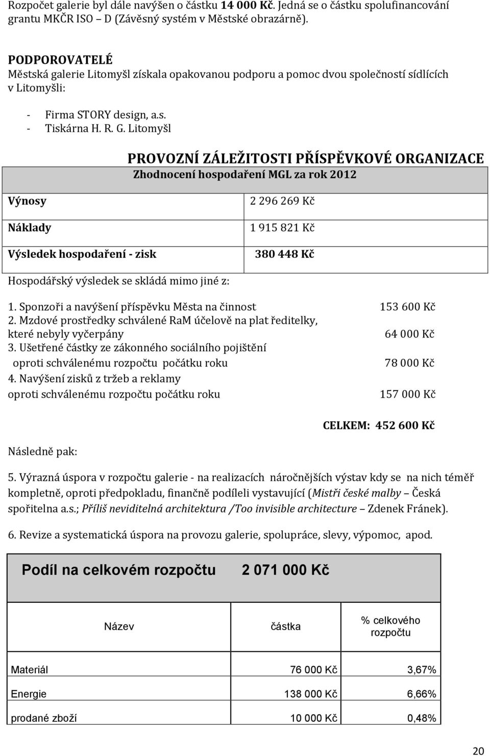 Litomyšl PROVOZNÍ ZÁLEŽITOSTI PŘÍSPĚVKOVÉ ORGANIZACE Zhodnocení hospodaření MGL za rok 2012 Výnosy Náklady 2 296 269 Kč 1 915 821 Kč Výsledek hospodaření - zisk 380 448 Kč Hospodářský výsledek se