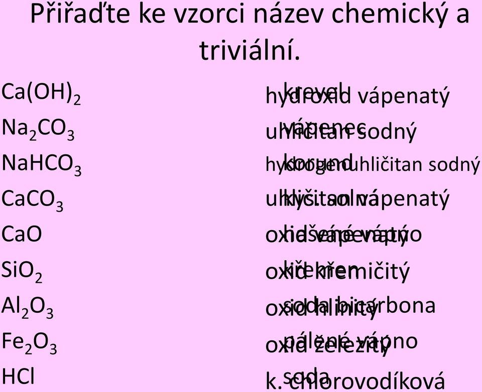 hydroxid krevel vápenatý uhličitan vápenec sodný korund hydrogenuhličitan sodný