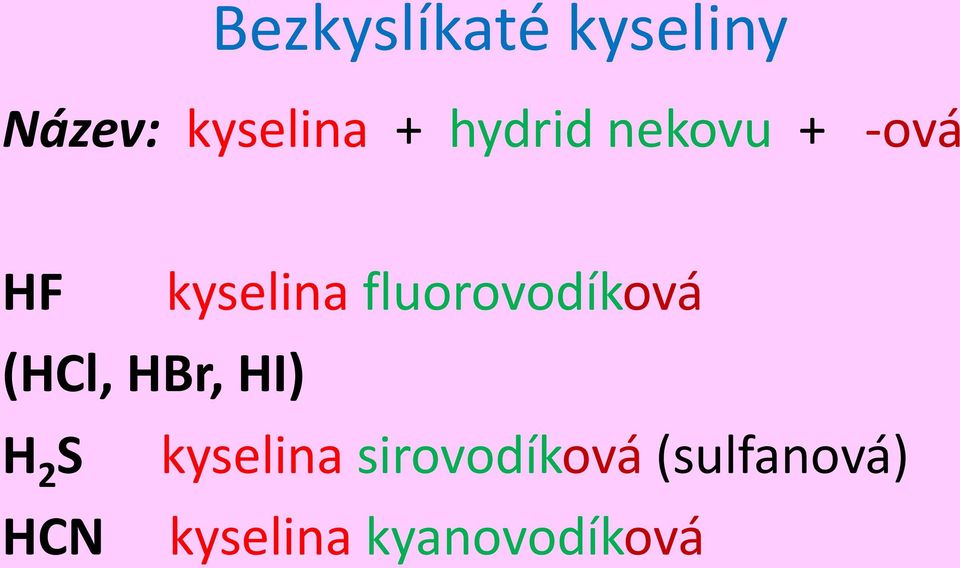 fluorovodíková (HCl, HBr, HI) H 2 S