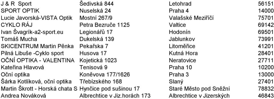 eu Legionářů 17 Hodonín 69501 Tomáš Mucha Dukelská 139 Jablunkov 73991 SKICENTRUM Martin Pěnka Pekařska 7 Litoměřice 41201 Pilná Libuše -Cyklo sport Husova 17 Kutná Hora 28401 OČNÍ