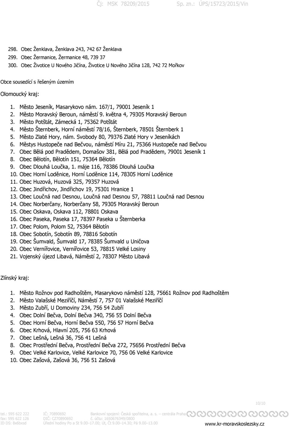 Město Moravský Beroun, náměstí 9. května 4, 79305 Moravský Beroun 3. Město Potštát, Zámecká 1, 75362 Potštát 4. Město Šternberk, Horní náměstí 78/16, Šternberk, 78501 Šternberk 1 5.