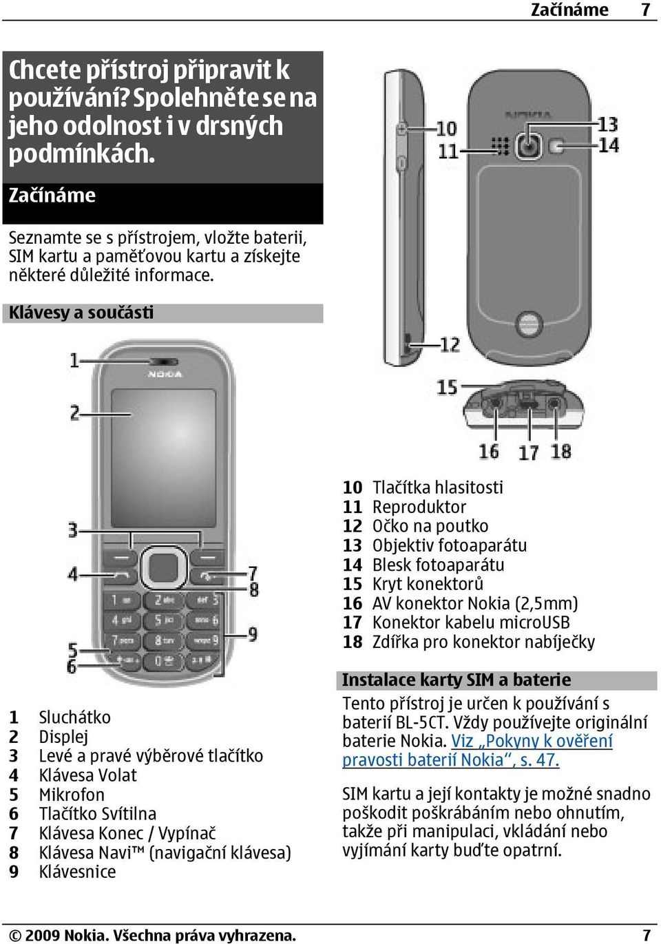 Klávesy a součásti 10 Tlačítka hlasitosti 11 Reproduktor 12 Očko na poutko 13 Objektiv fotoaparátu 14 Blesk fotoaparátu 15 Kryt konektorů 16 AV konektor Nokia (2,5mm) 17 Konektor kabelu microusb 18