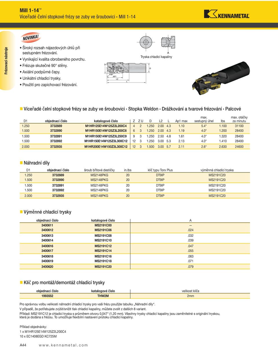 Tryska chladicí kapaliny Víceřadé čelní stopkové frézy se zuby ve šroubovici Stopka Weldon Drážkování a tvarové frézování Palcové D1 objednacíčíslo Z Z U D L2 L Ap1 max max. sestupný úhel lbs max.