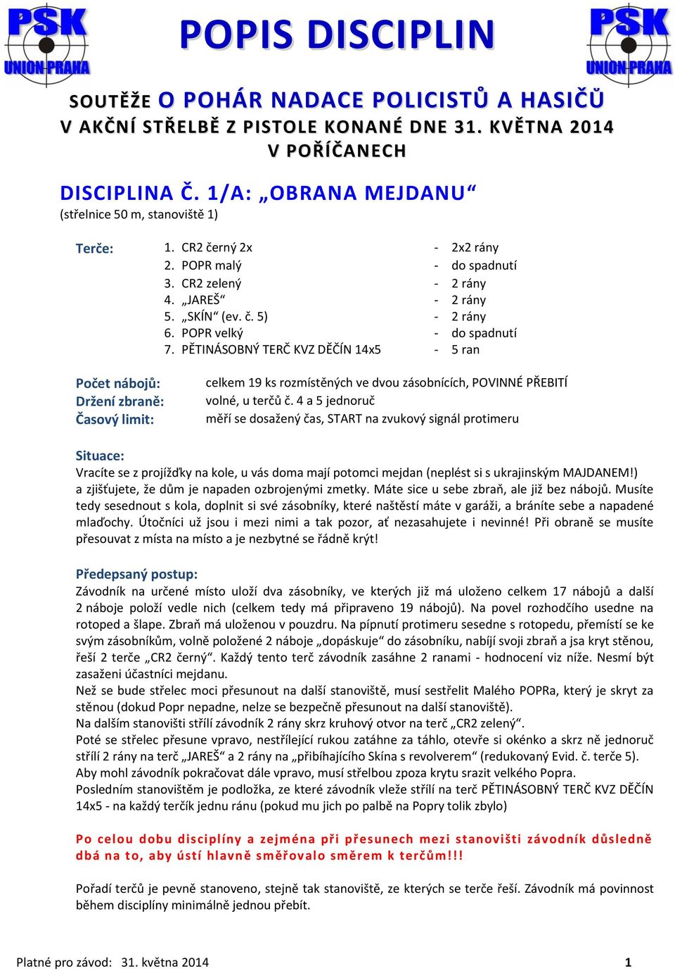 PĚTINÁSOBNÝ TERČ KVZ DĚČÍN 14x5 - do spadnutí - 5 ran Počet nábojů: Držení zbraně: Časový limit: celkem 19 ks rozmístěných ve dvou zásobnících, POVINNÉ PŘEBITÍ volné, u terčů č.