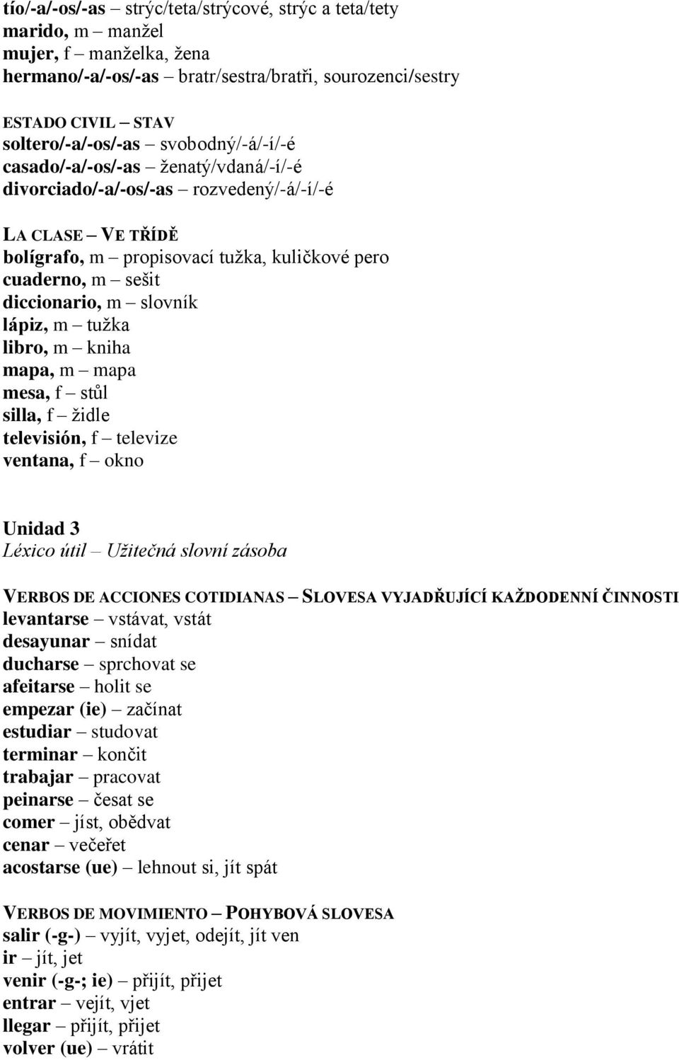 slovník lápiz, m tužka libro, m kniha mapa, m mapa mesa, f stůl silla, f židle televisión, f televize ventana, f okno Unidad 3 VERBOS DE ACCIONES COTIDIANAS SLOVESA VYJADŘUJÍCÍ KAŽDODENNÍ ČINNOSTI