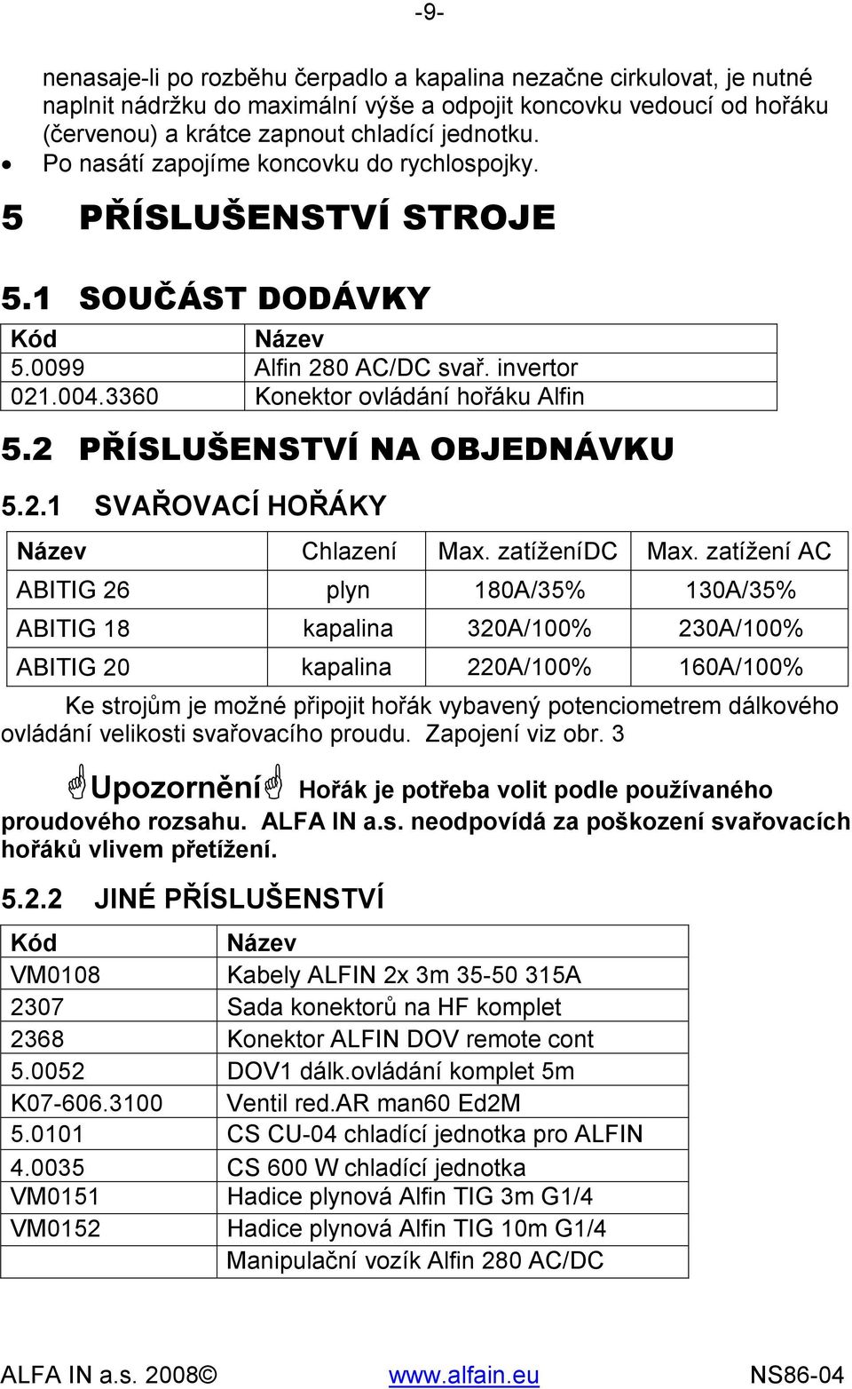 2 PŘÍSLUŠENSTVÍ NA OBJEDNÁVKU 5.2.1 SVAŘOVACÍ HOŘÁKY Název Chlazení Max. zatíženídc Max.