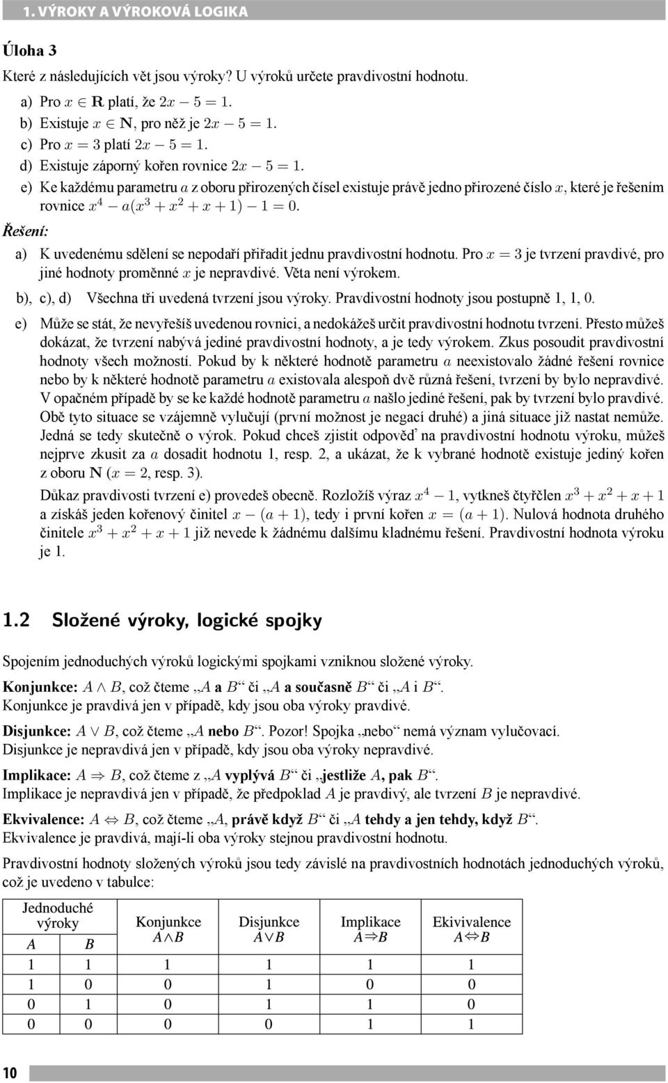 e) Ke každému parametru a z oboru přirozených čísel existuje právě jedno přirozené číslo x, které je řešením rovnice x 4 a(x 3 + x 2 + x + 1) 1 = 0.