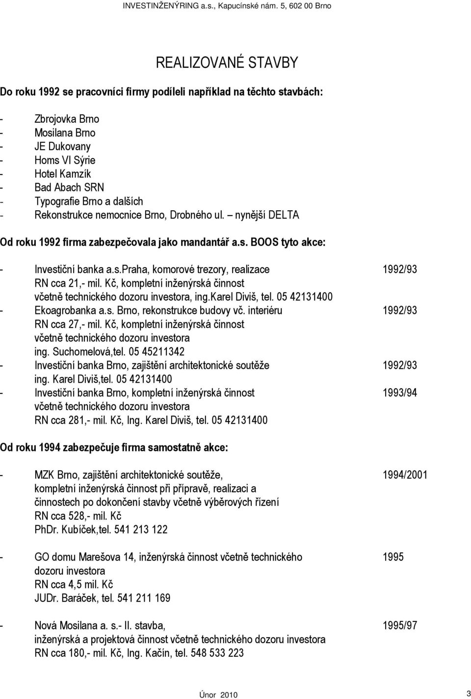 Kč, kompletní inženýrská činnost včetně technického dozoru investora, ing.karel Diviš, tel. 05 42131400 - Ekoagrobanka a.s. Brno, rekonstrukce budovy vč. interiéru 1992/93 RN cca 27,- mil.