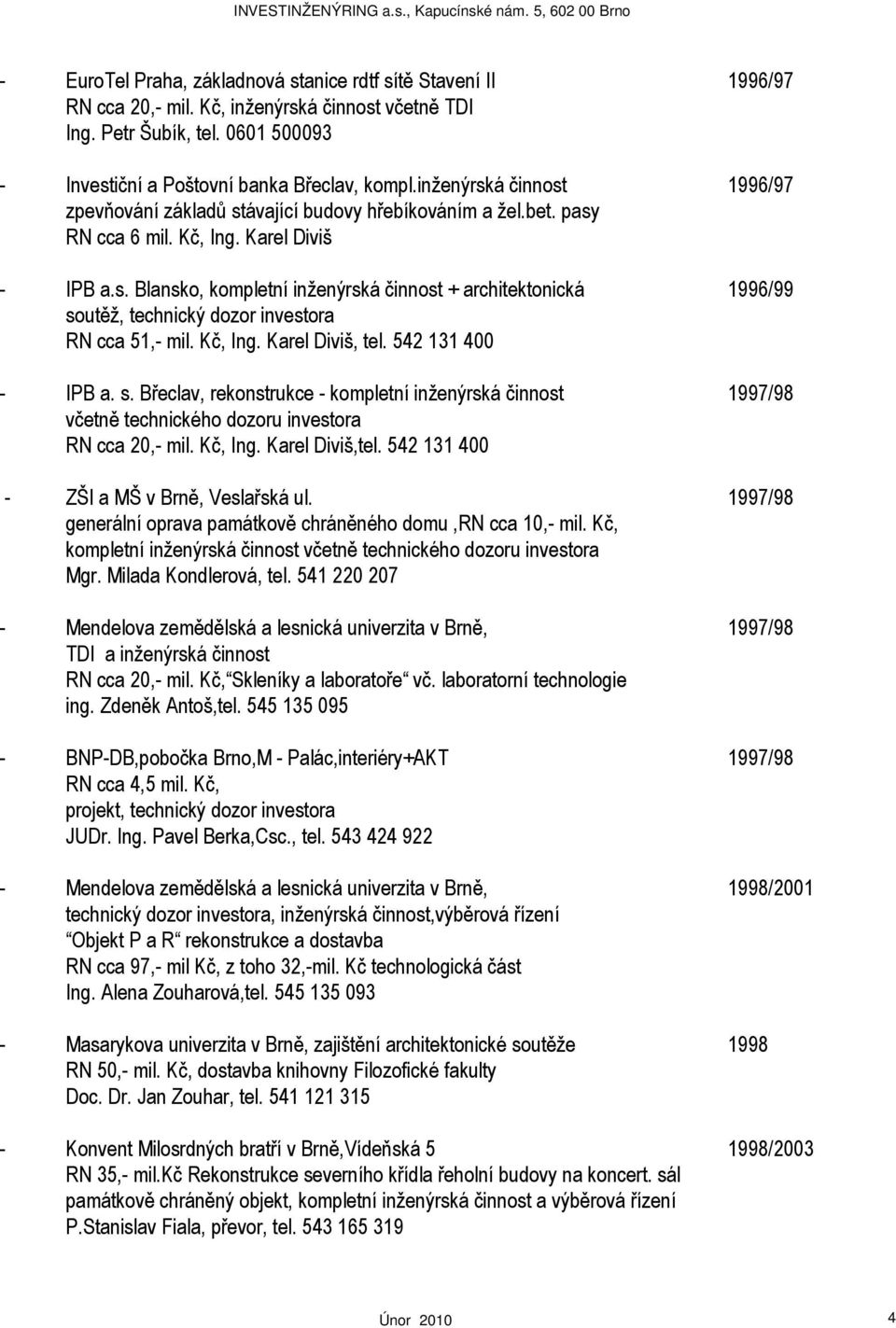 Kč, Ing. Karel Diviš, tel. 542 131 400 - IPB a. s. Břeclav, rekonstrukce - kompletní inženýrská činnost 1997/98 včetně technického dozoru investora RN cca 20,- mil. Kč, Ing. Karel Diviš,tel.