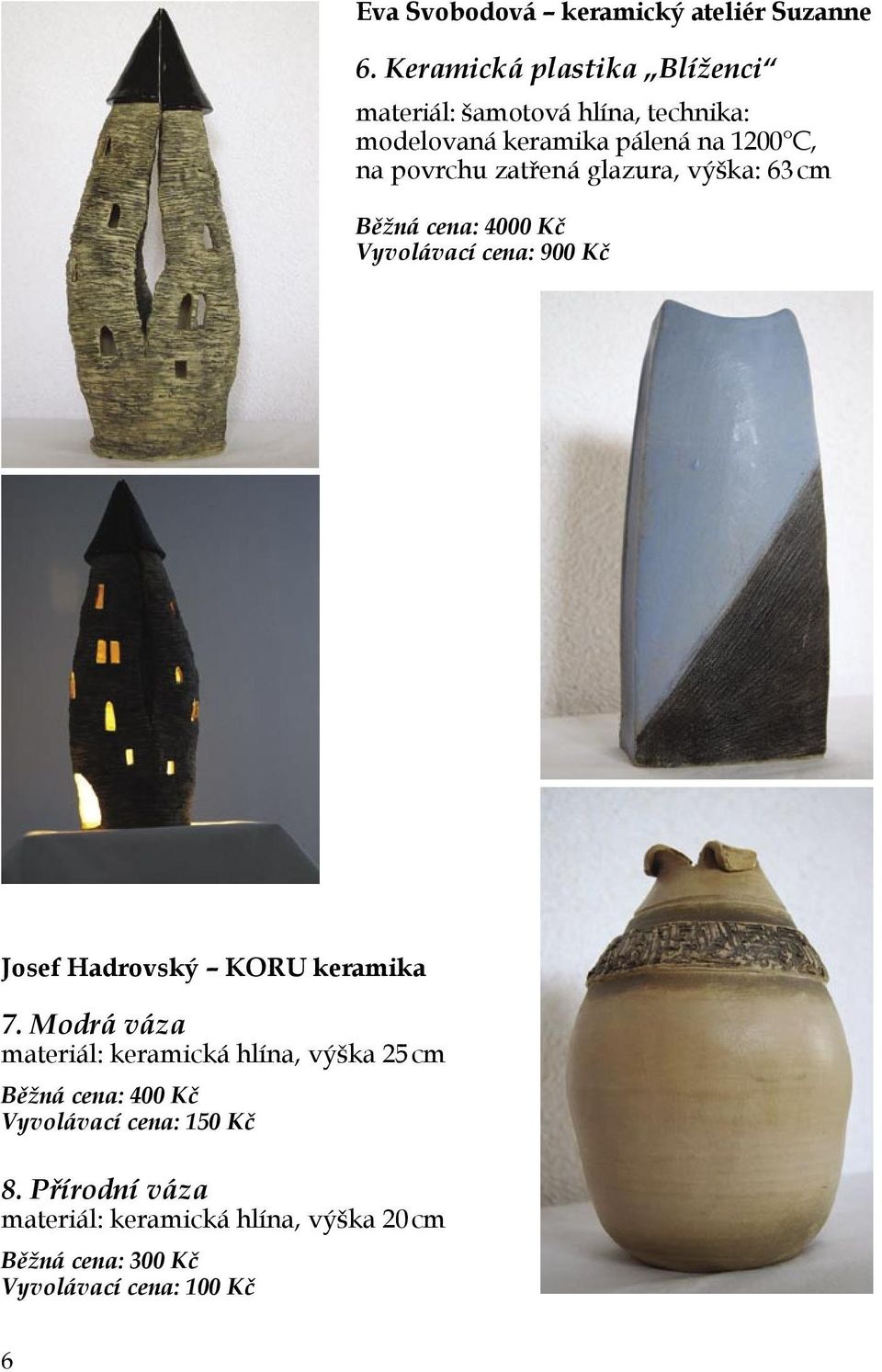 zatřená glazura, výška: 63 cm Běžná cena: 4000 Kč Vyvolávací cena: 900 Kč Josef Hadrovský KORU keramika 7.