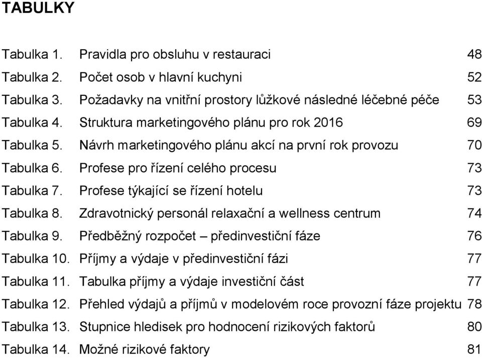 Profese týkající se řízení hotelu 73 Tabulka 8. Zdravotnický personál relaxační a wellness centrum 74 Tabulka 9. Předběžný rozpočet předinvestiční fáze 76 Tabulka 10.