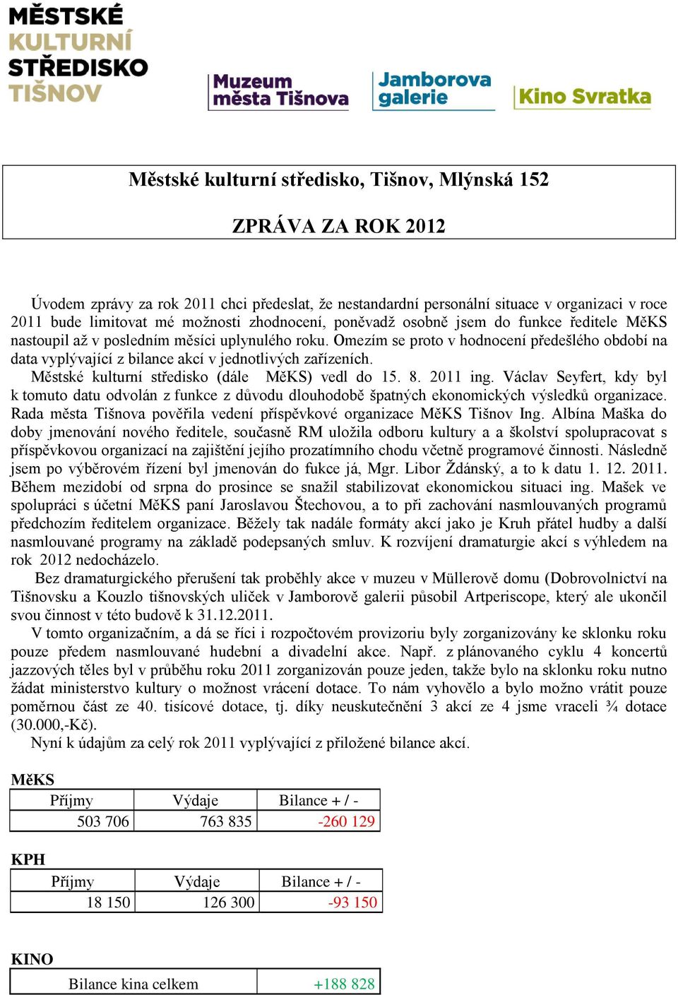 Omezím se proto v hodnocení předešlého období na data vyplývající z bilance akcí v jednotlivých zařízeních. Městské kulturní středisko (dále MěKS) vedl do 15. 8. 2011 ing.