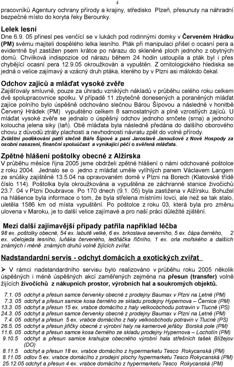 Pták při manipulaci přišel o ocasní pera a evidentně byl zastižen psem krátce po nárazu do skleněné ploch jednoho z obytných domů.