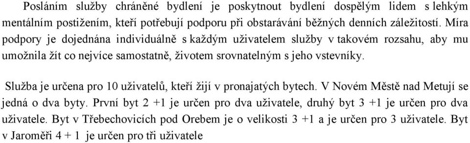 Míra podpory je dojednána individuálně s každým uživatelem služby v takovém rozsahu, aby mu umožnila žít co nejvíce samostatně, životem srovnatelným s jeho vstevníky.