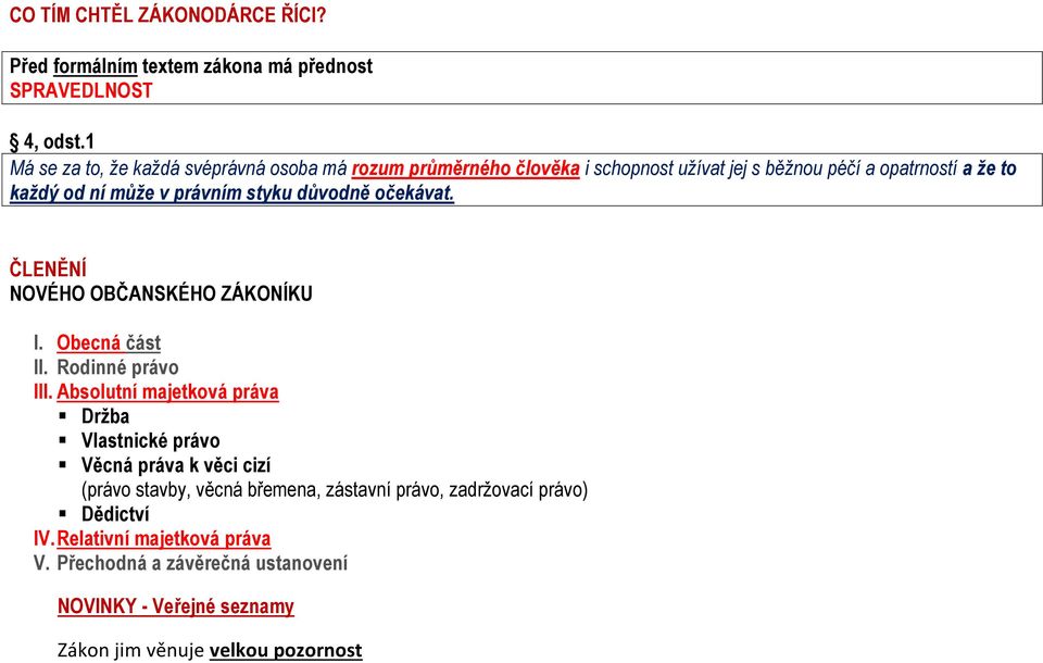 styku důvodně očekávat. ČLENĚNÍ NOVÉHO OBČANSKÉHO ZÁKONÍKU I. Obecná část II. Rodinné právo III.