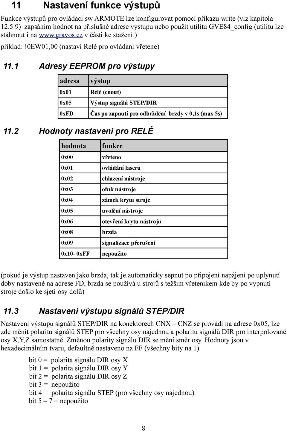 1 Adresy EEPROM pro výstupy adresa 0x01 0x05 výstup Relé (cnout) Výstup signálů STEP/DIR 0xFD Čas po zapnutí pro odbrždění brzdy v 0,1s (max 5s) 11.