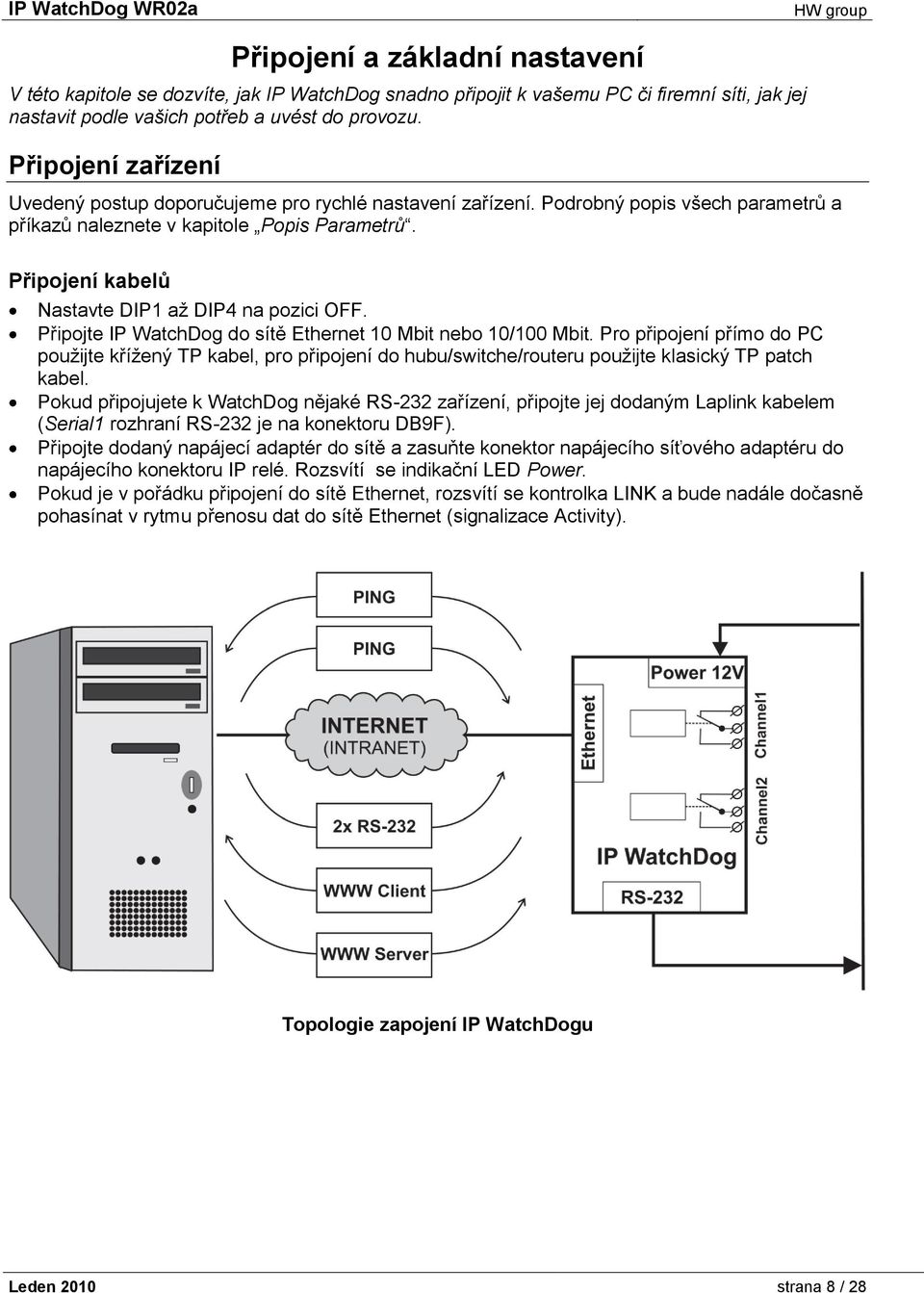 Připojení kabelů Nastavte DIP1 až DIP4 na pozici OFF. Připojte IP WatchDog do sítě Ethernet 10 Mbit nebo 10/100 Mbit.