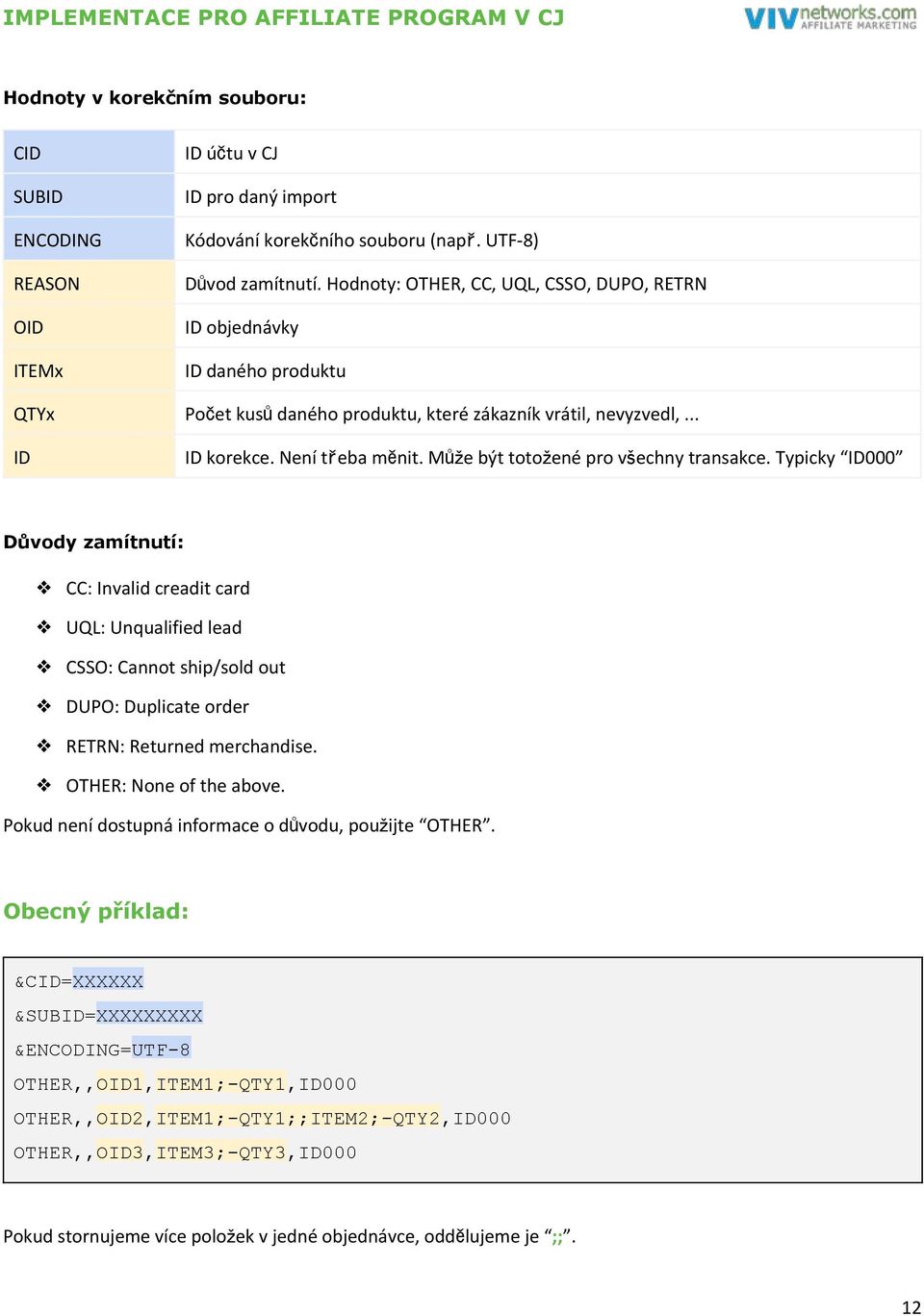 Může být totožené pro všechny transakce. Typicky ID000 Důvody zamítnutí: CC: Invalid creadit card UQL: Unqualified lead CSSO: Cannot ship/sold out DUPO: Duplicate order RETRN: Returned merchandise.