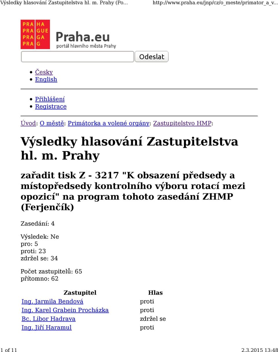 Prahy zařadit tisk Z - 3217 "K obsazení předsedy a místopředsedy kontrolního výboru rotací mezi opozicí" na program tohoto